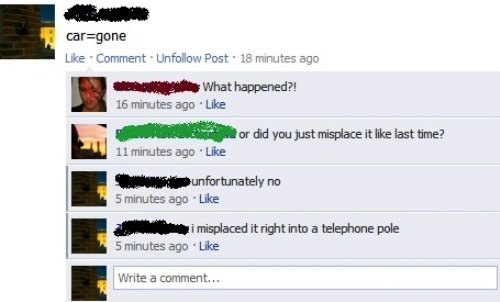 Hilarious Facebook Post Car and Telephone Pole