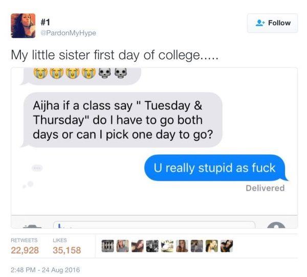 Sister Goes To College Funny Tweet