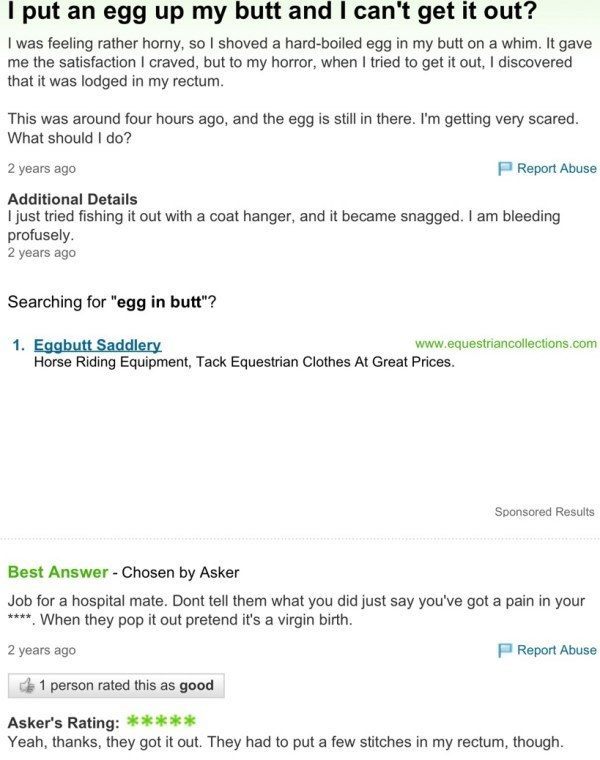 Yahoo Answers Egg Up The Butt