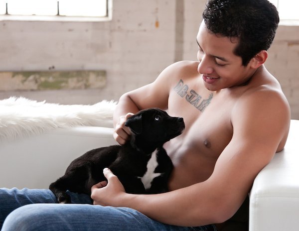 Cute Shirtless Guy With A Puppy